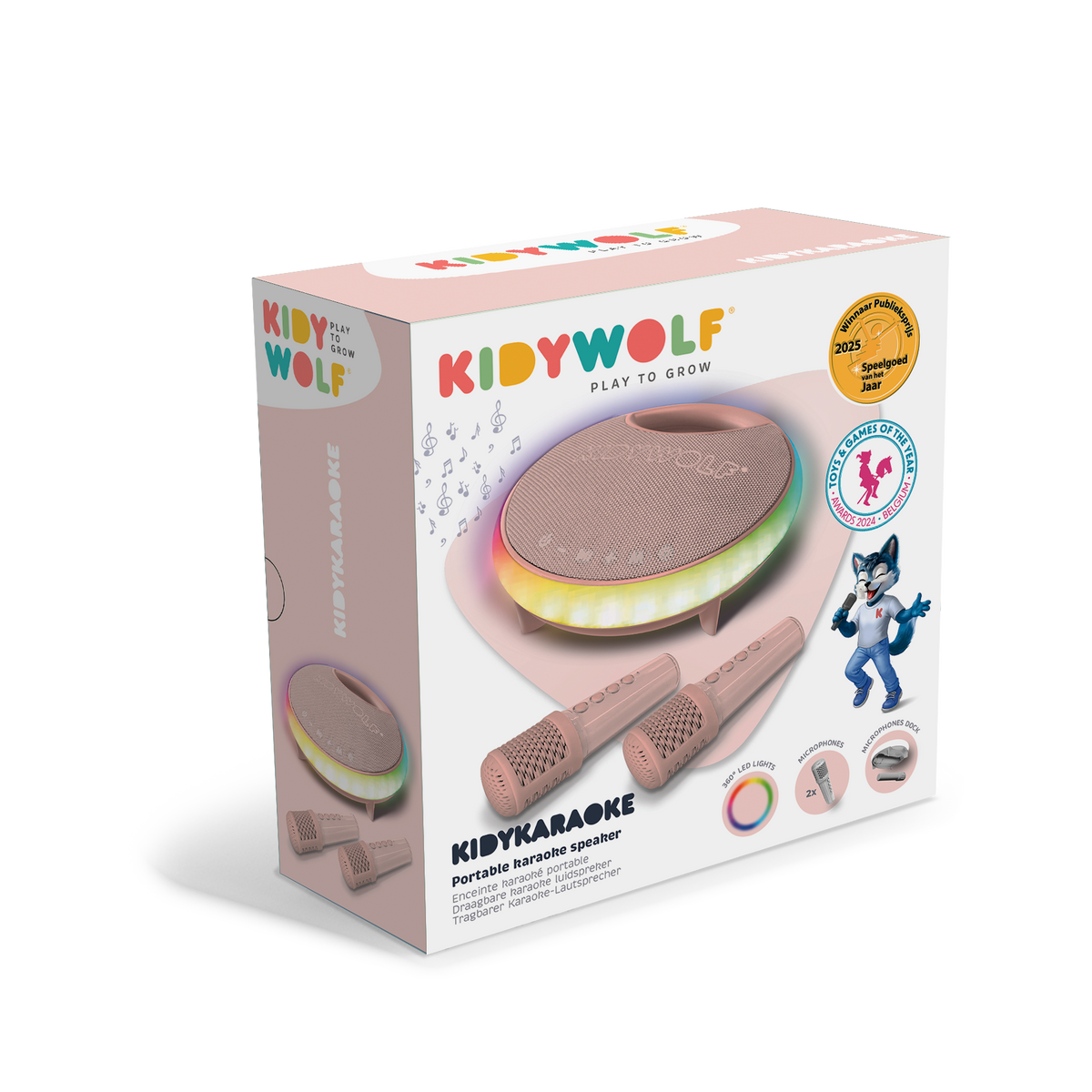 Kidywolf Kidykaraoke roze, karaokespeaker met LED-ring en twee microfoons