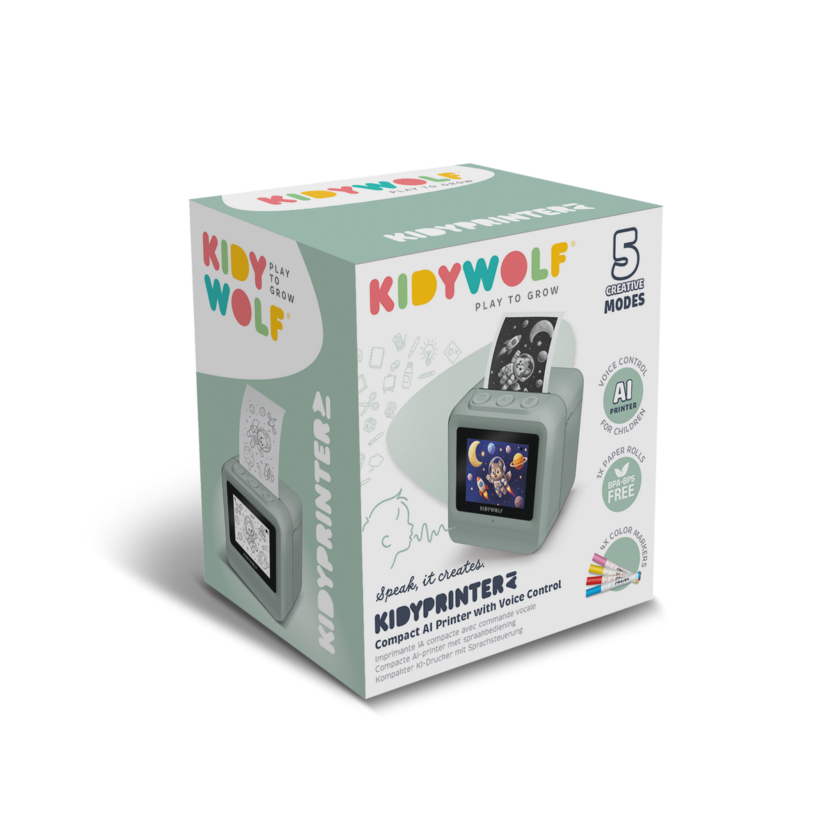 Kidywolf Kidyprinter AI printer zonder inkt, vooraanzicht met scherm en uitgeprinte tekening