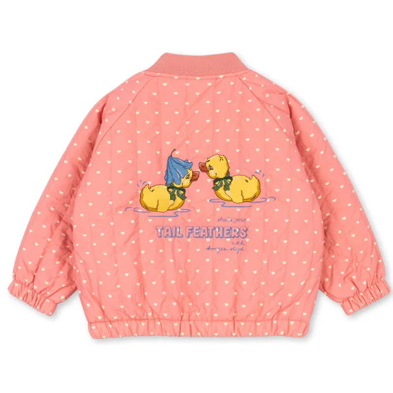 Konges Sløjd Juno Duckling Bomber Jas Coeur Feathers met print van eendjes en hartjes, bij De Gele Flamingo