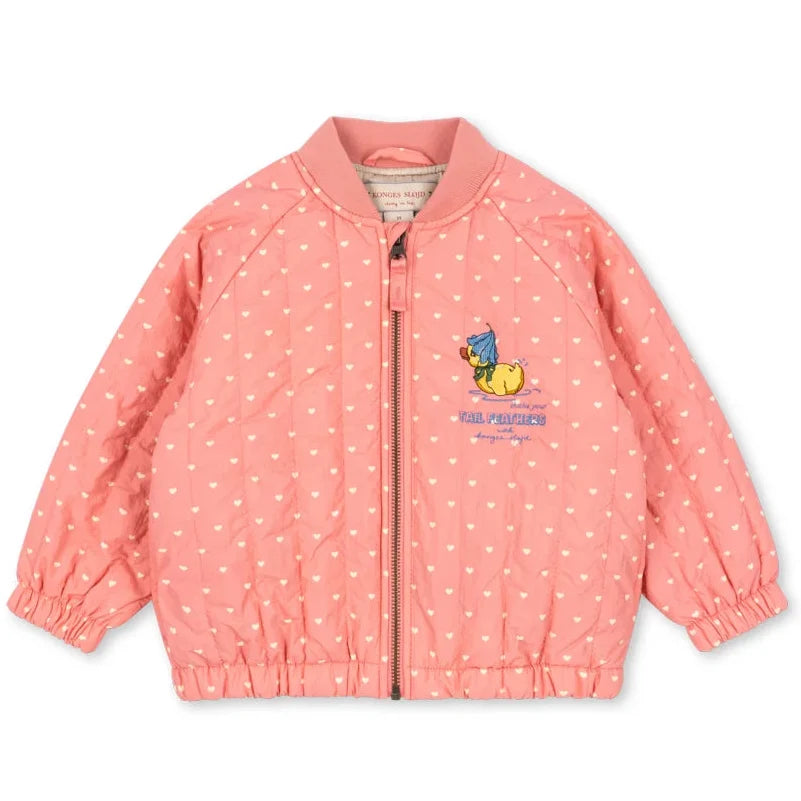 Konges Sløjd Juno Duckling Printed Bomber Jas in Coeur Feathers, lichte thermojas, bij De Gele Flamingo