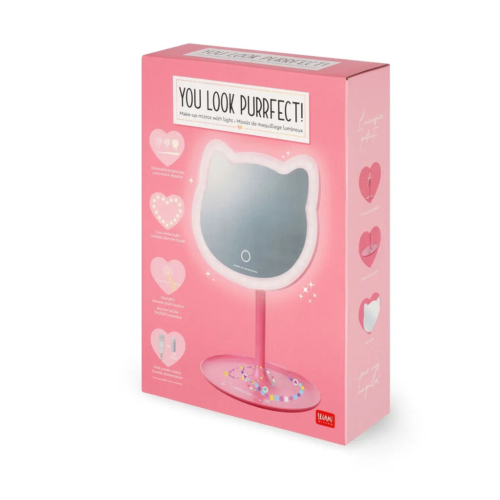 You Look Purrfect tafelspiegel met verlichting van Legami voor op de kaptafel, te koop bij De Gele Flamingo