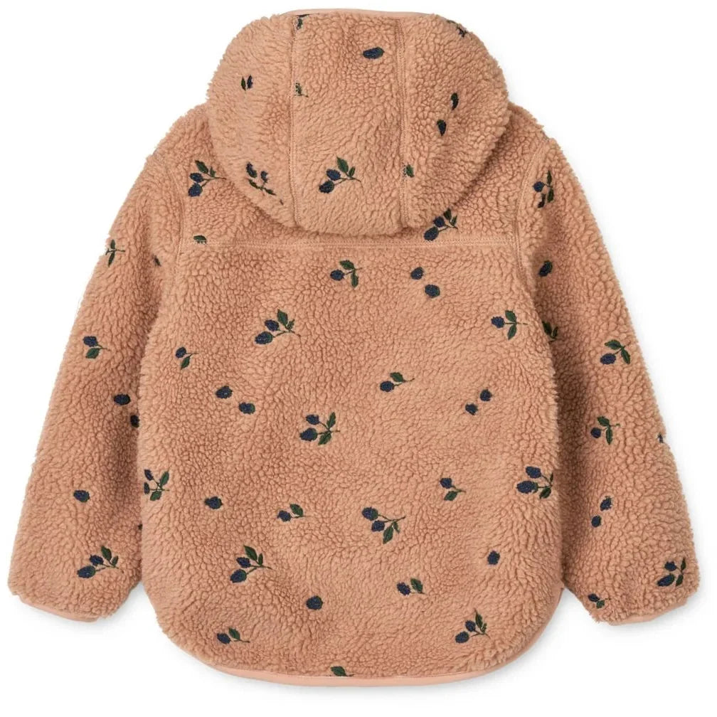 Liewood Mara Pile Jas in Berry / Pale Tuscany / Embroidery, zachte fleecejas met kap bij De Gele Flamingo