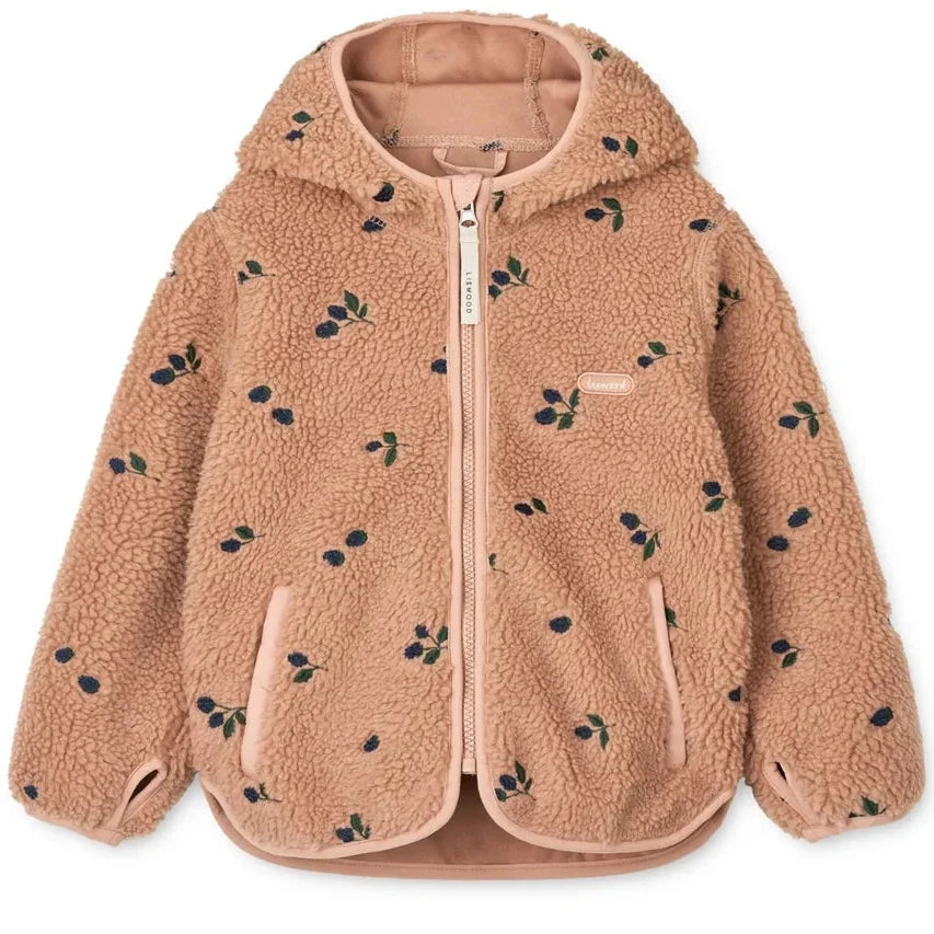 Liewood Mara Pile Jas in Berry / Pale Tuscany / Embroidery, zachte fleecejas met kap bij De Gele Flamingo