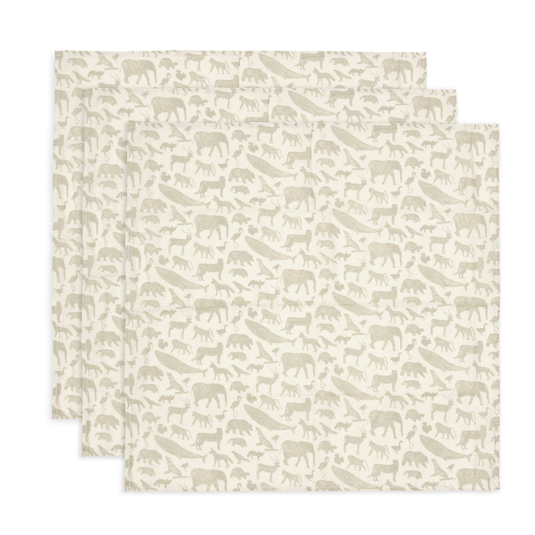 Jollein Hydrofiele Doek Small 70x70cm 3-Pack | Animals Olive Green