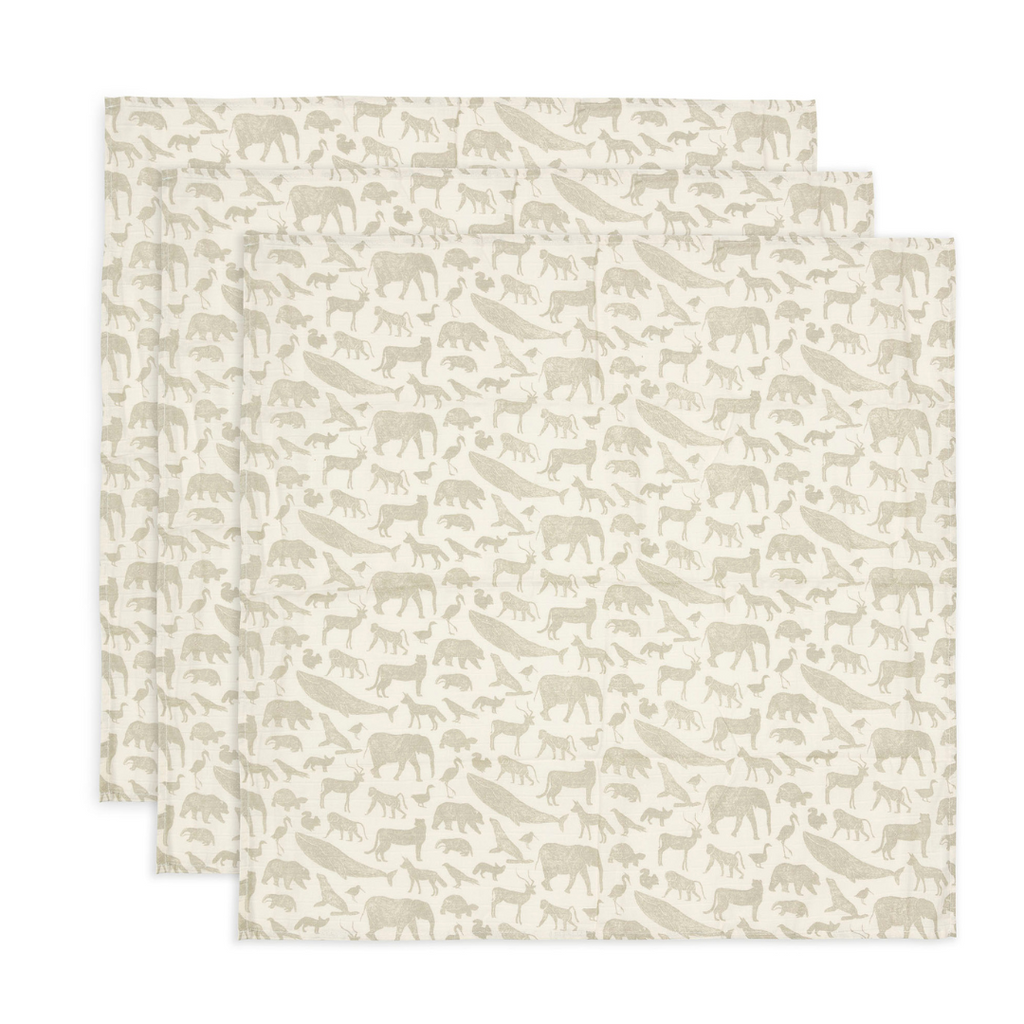 Jollein Hydrofiele Doek Small 70x70cm 3-Pack | Animals Olive Green