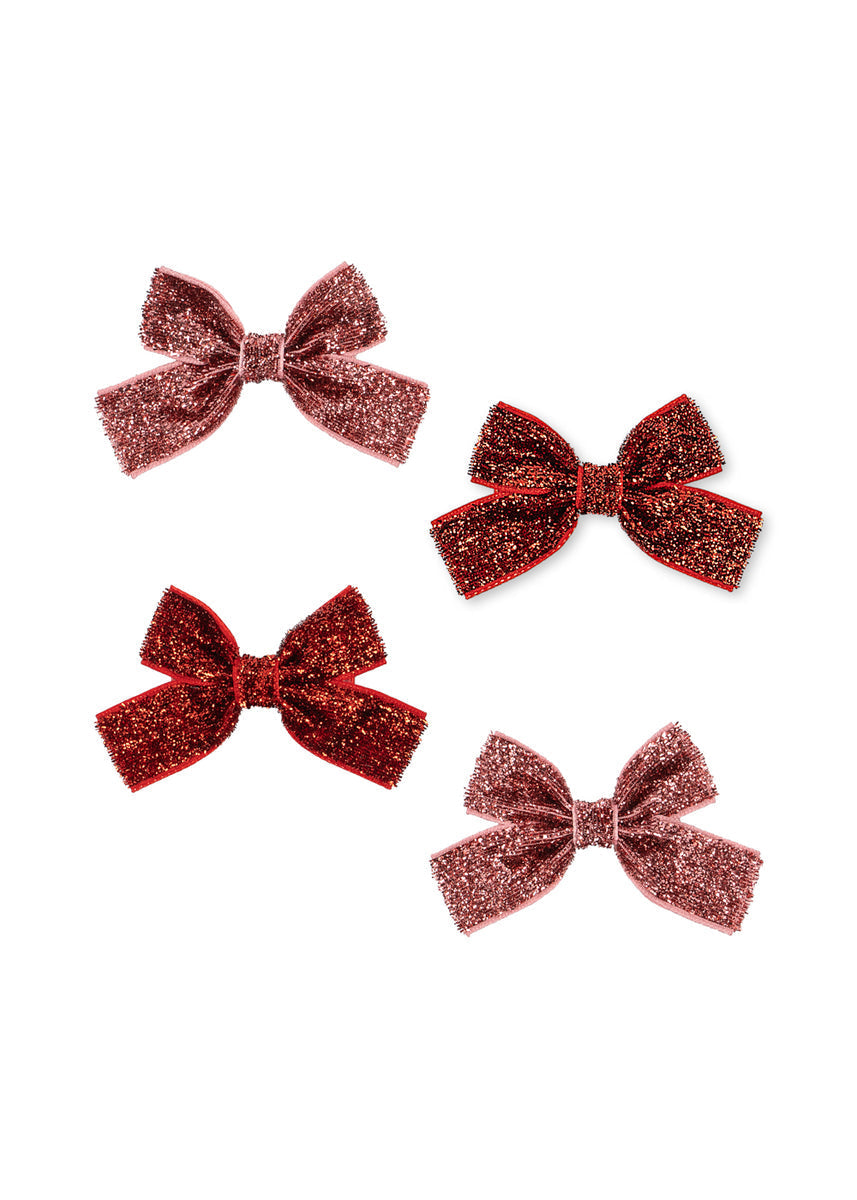 Konges Sløjd Haarspeldjes 4 Pack Micki Bow Hair Clips Red Glitter/Rose Glitter, vier haarspeldjes met strik op witte achtergrond
