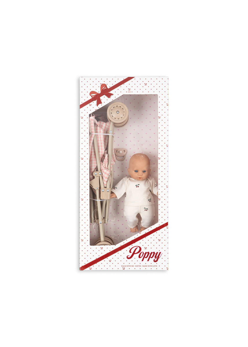 Konges Sløjd Poppenset Poppy Doll Stroller Set Pink Check, zevende productfoto op witte achtergrond