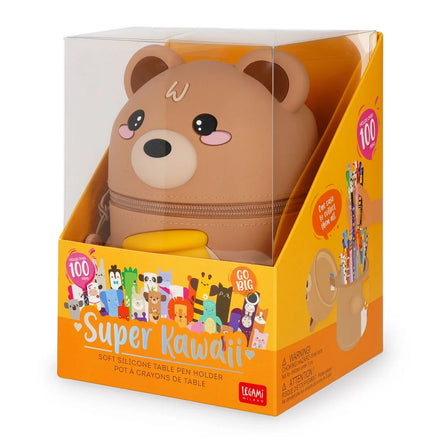 Teddybeer pennenhouder Honey van Legami die stevig rechtop blijft staan op het bureau