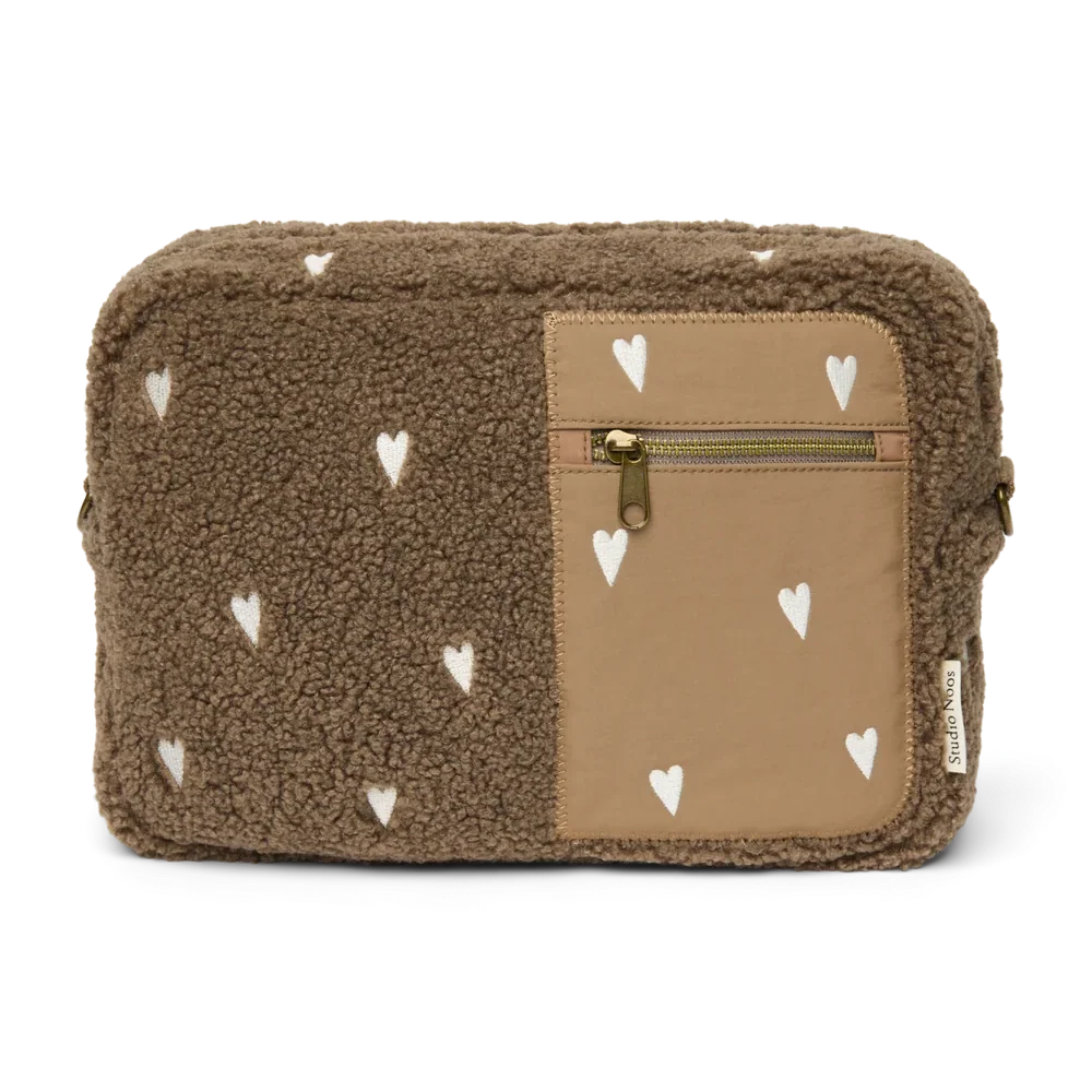 Studio Noos Teddy Buggy Organizer in Brown Teddy Hearts met ritssluiting en flessenhouder