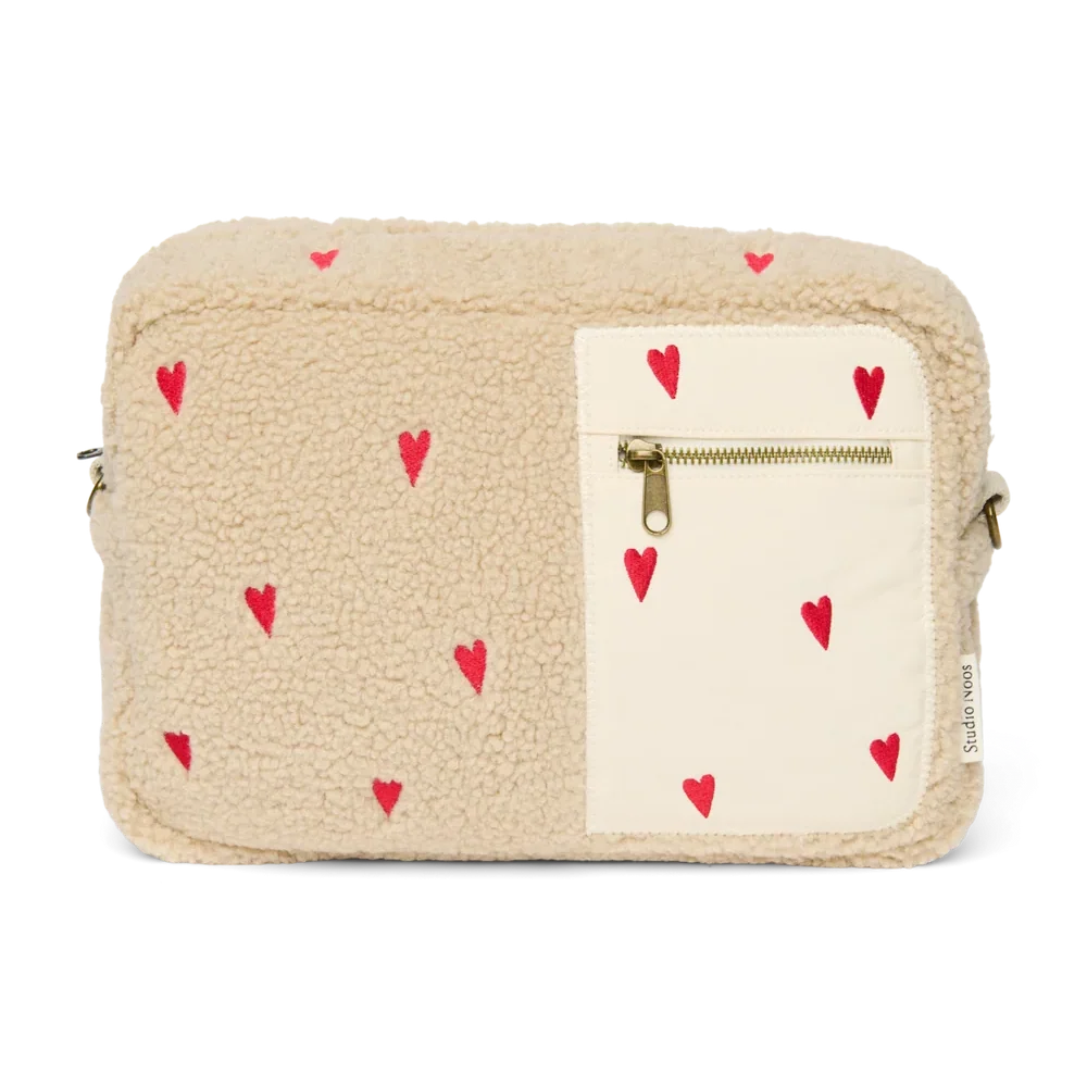 Studio Noos Teddy Buggy Organizer in Ecru Teddy Hearts met ritssluiting en flessenhouder