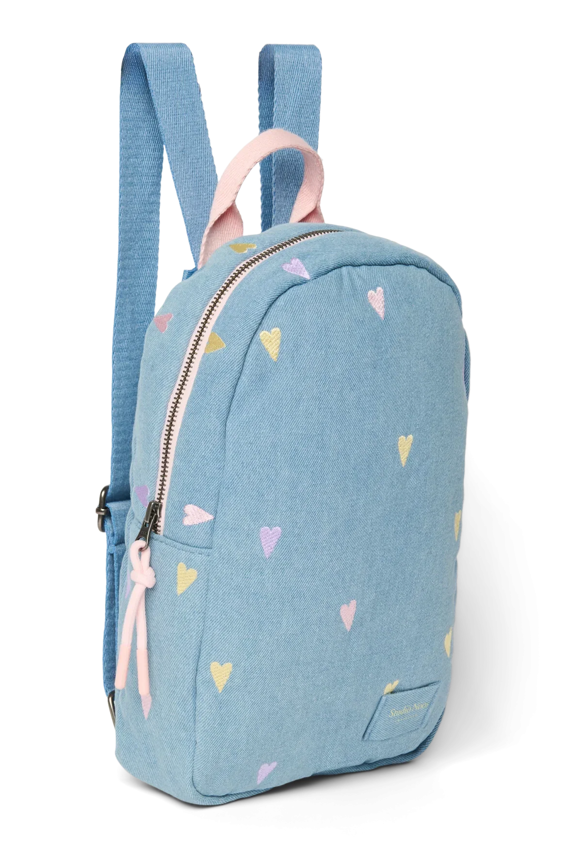 Studio Noos mini rugzakje in lichtblauwe denim met geborduurde hartjes, bij De Gele Flamingo
