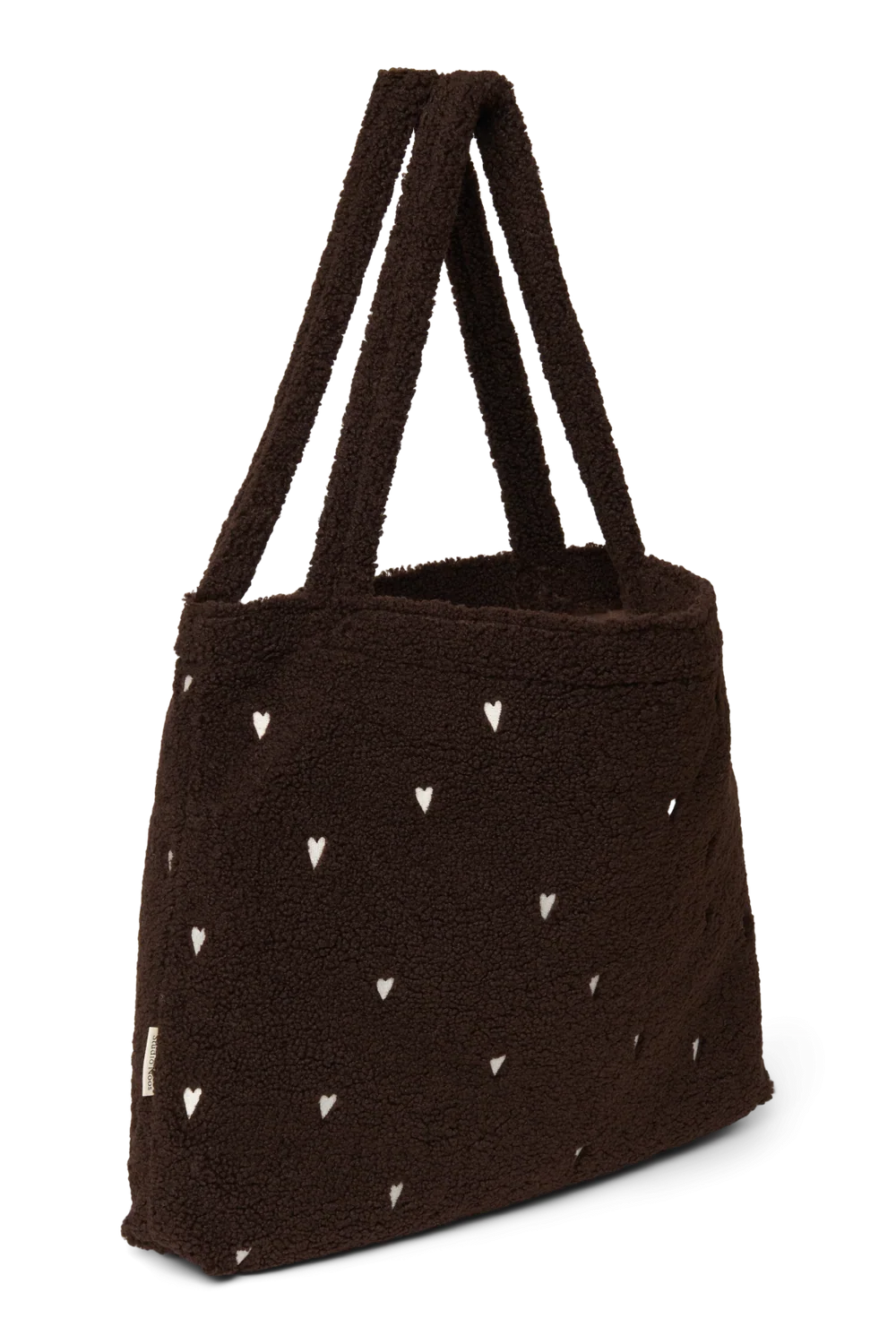 Studio Noos Mom Bag Chocolate Teddy Hearts, bruine teddy shopper met geborduurde hartjes