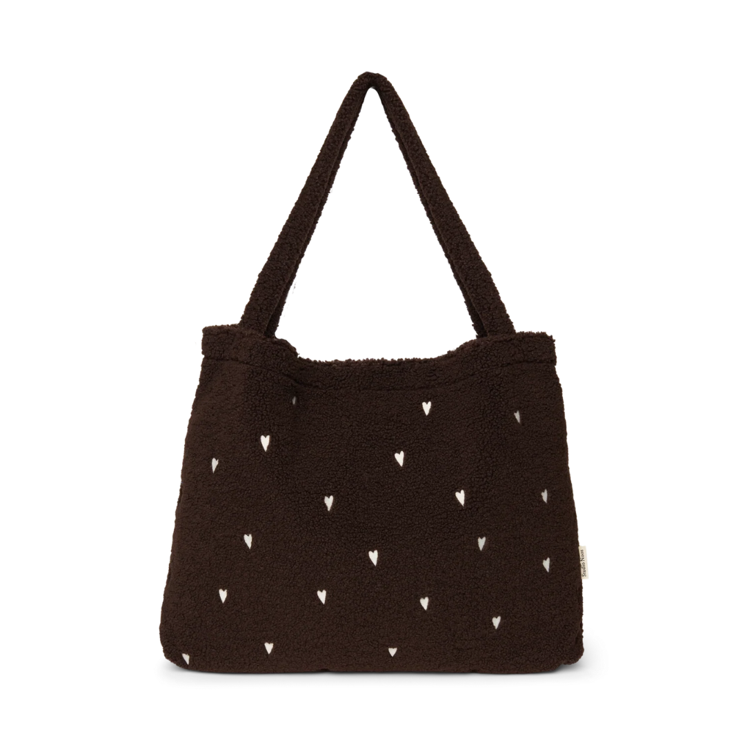 Studio Noos Mom Bag Chocolate Teddy Hearts, bruine teddy shopper met geborduurde hartjes
