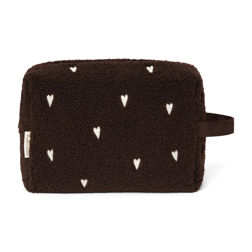 Studio Noos Toilettas Chocolate Teddy Hearts, bruine teddy toilettas met geborduurde hartjes