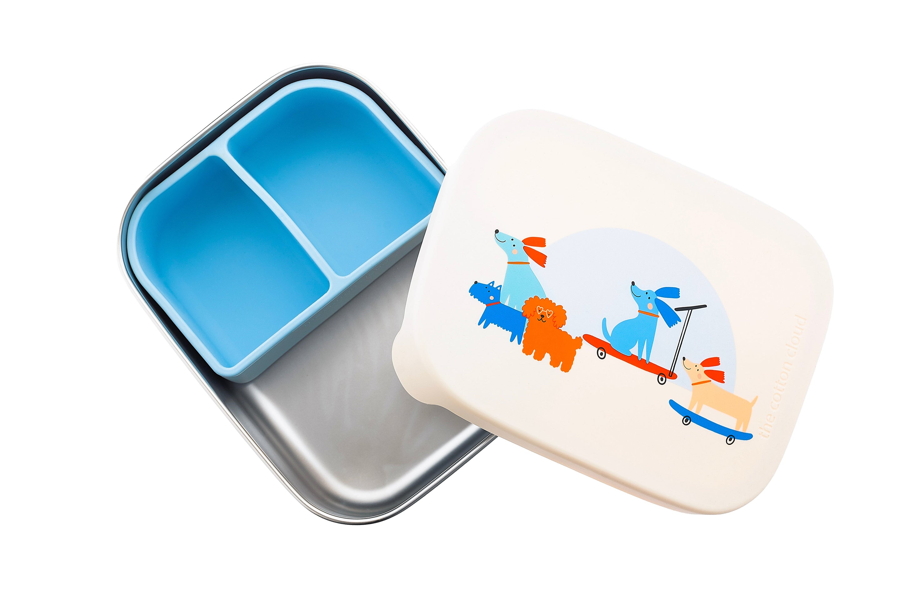 The Cotton Cloud RVS Lunchbox Woof Gang met drie compartimenten voor de lunchpauze, bij De Gele Flamingo.