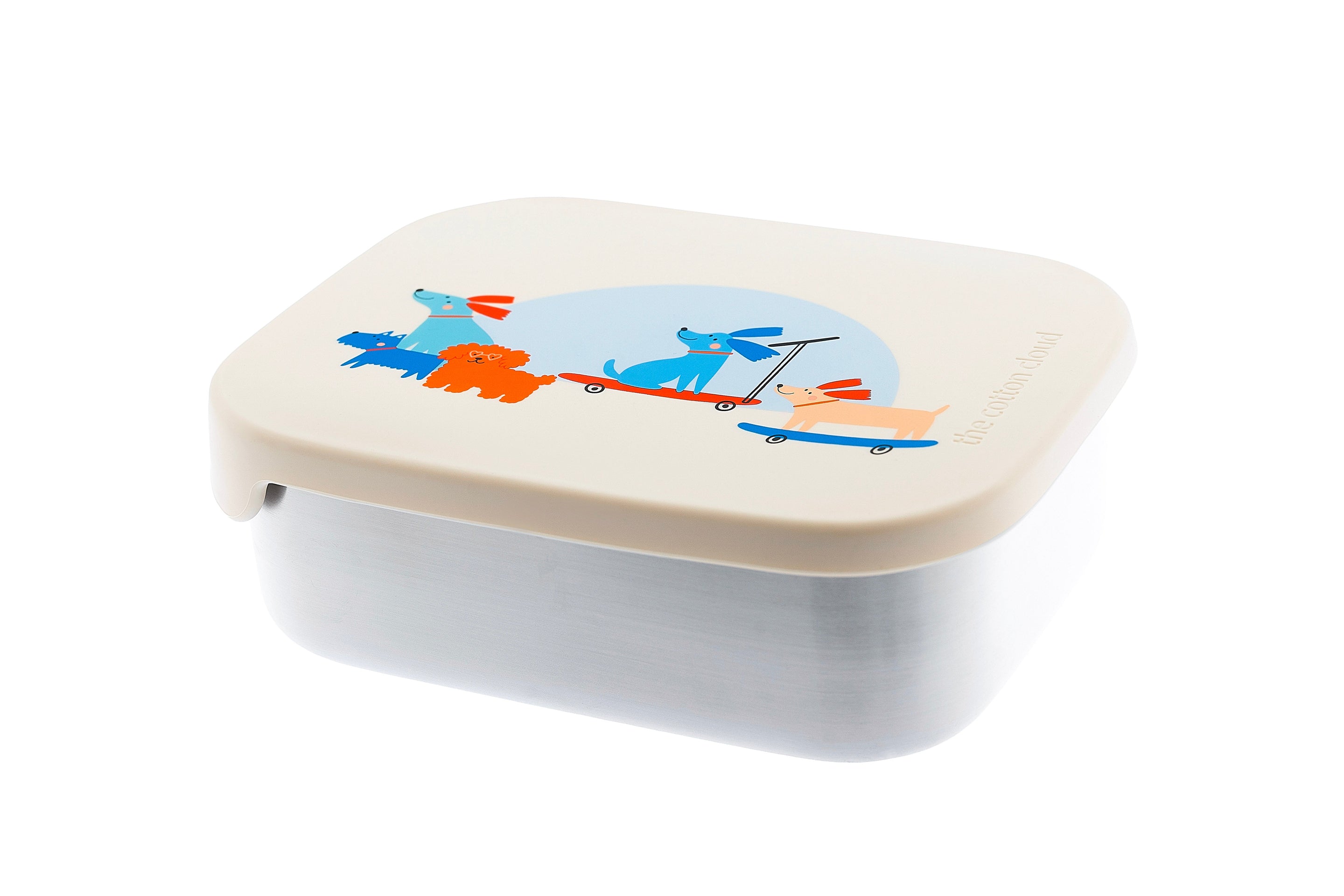 The Cotton Cloud RVS Lunchbox Woof Gang met drie compartimenten voor de lunchpauze, bij De Gele Flamingo.