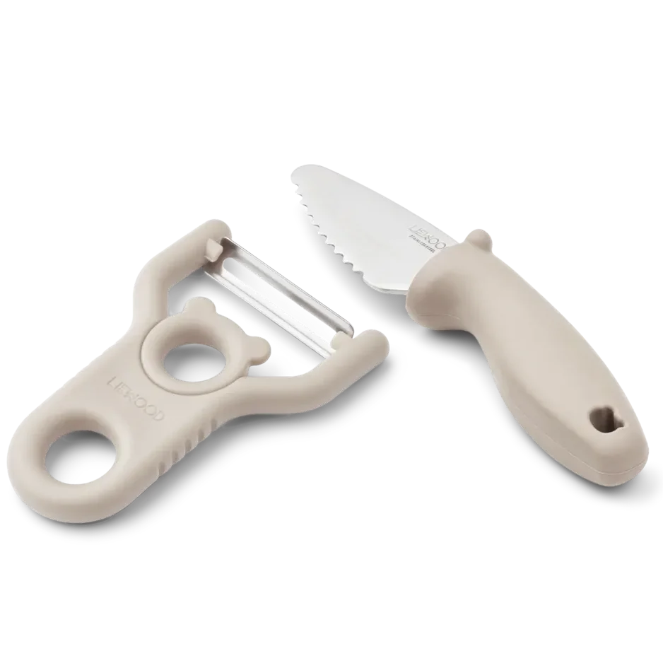Liewood Pertense Peeler & Knife Set Sandy, kindermes en dunschiller van roestvrij staal vanaf 5 jaar
