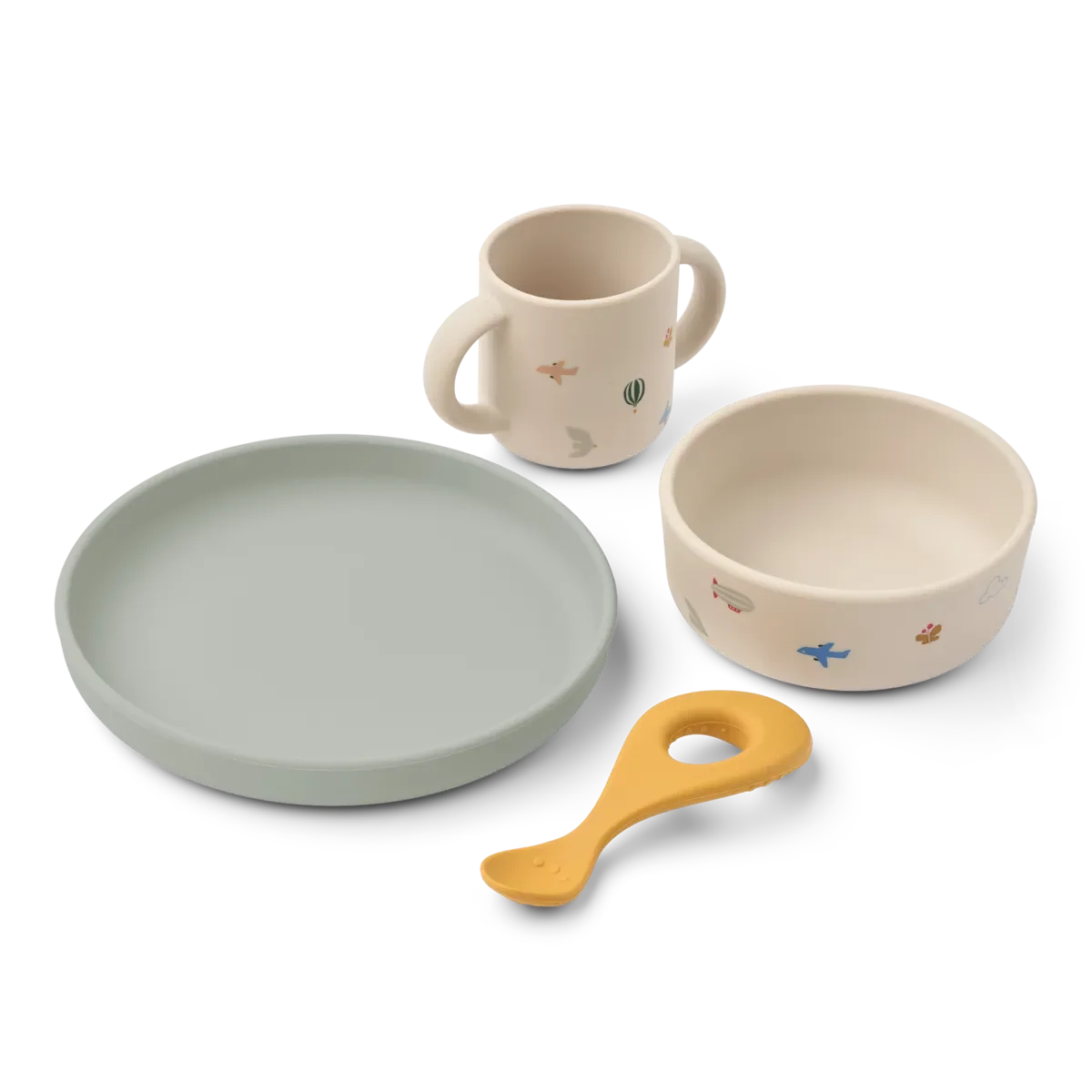 Liewood Vivi Printed Eetset Flying / Sandy, siliconen bord, kommetje, open beker en lepel voor peuters