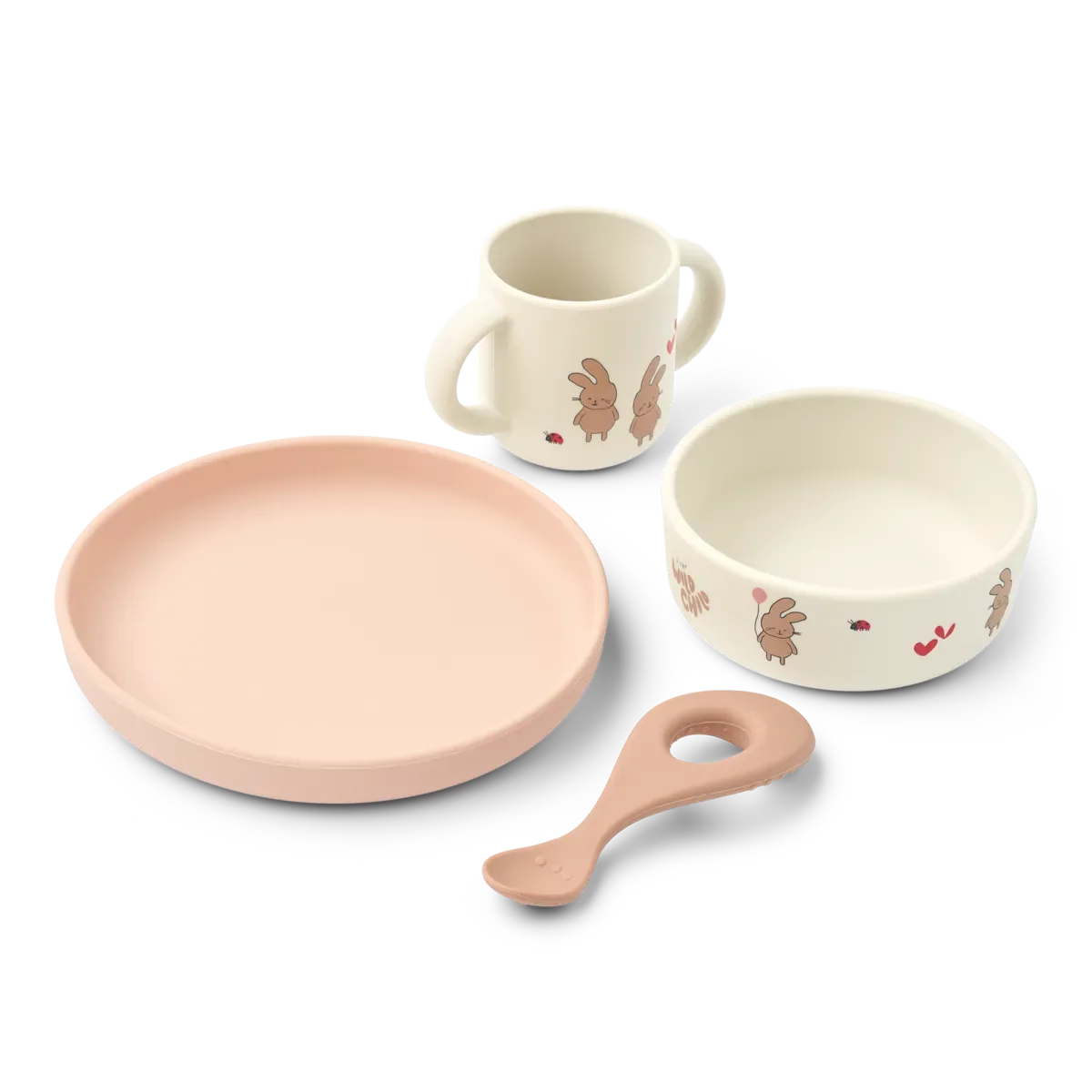 Liewood Vivi Printed Eetset Wild Child / Rosey, 4-delige siliconen set met bord, kom, beker en lepel