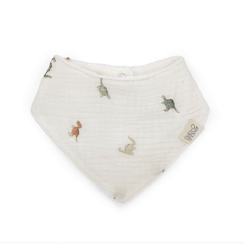 Babyshower Bandana Slab Bamboe Dino, vooraanzicht op witte achtergrond