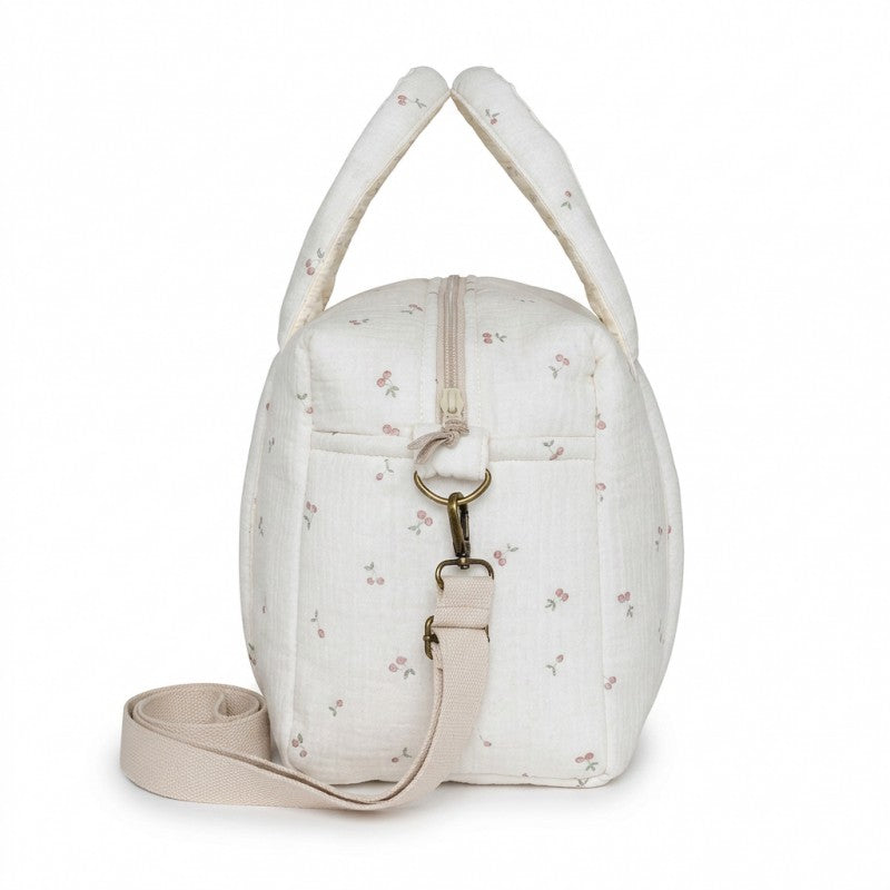 Babyshower buggytas High Park Cherries, ecru gewatteerde tas met kersjesprint