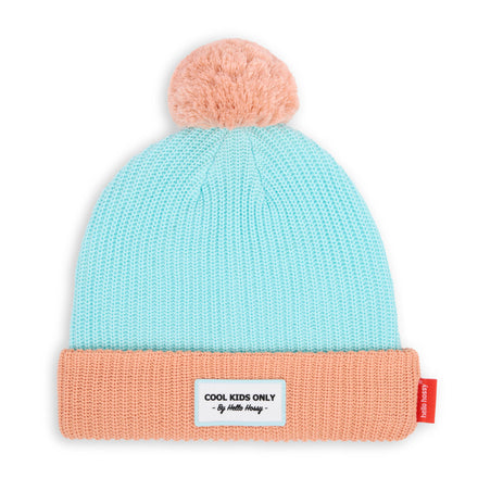 Hello Hossy muts Color Block Candy, lichtblauwe muts met zalmroze boord en pompon