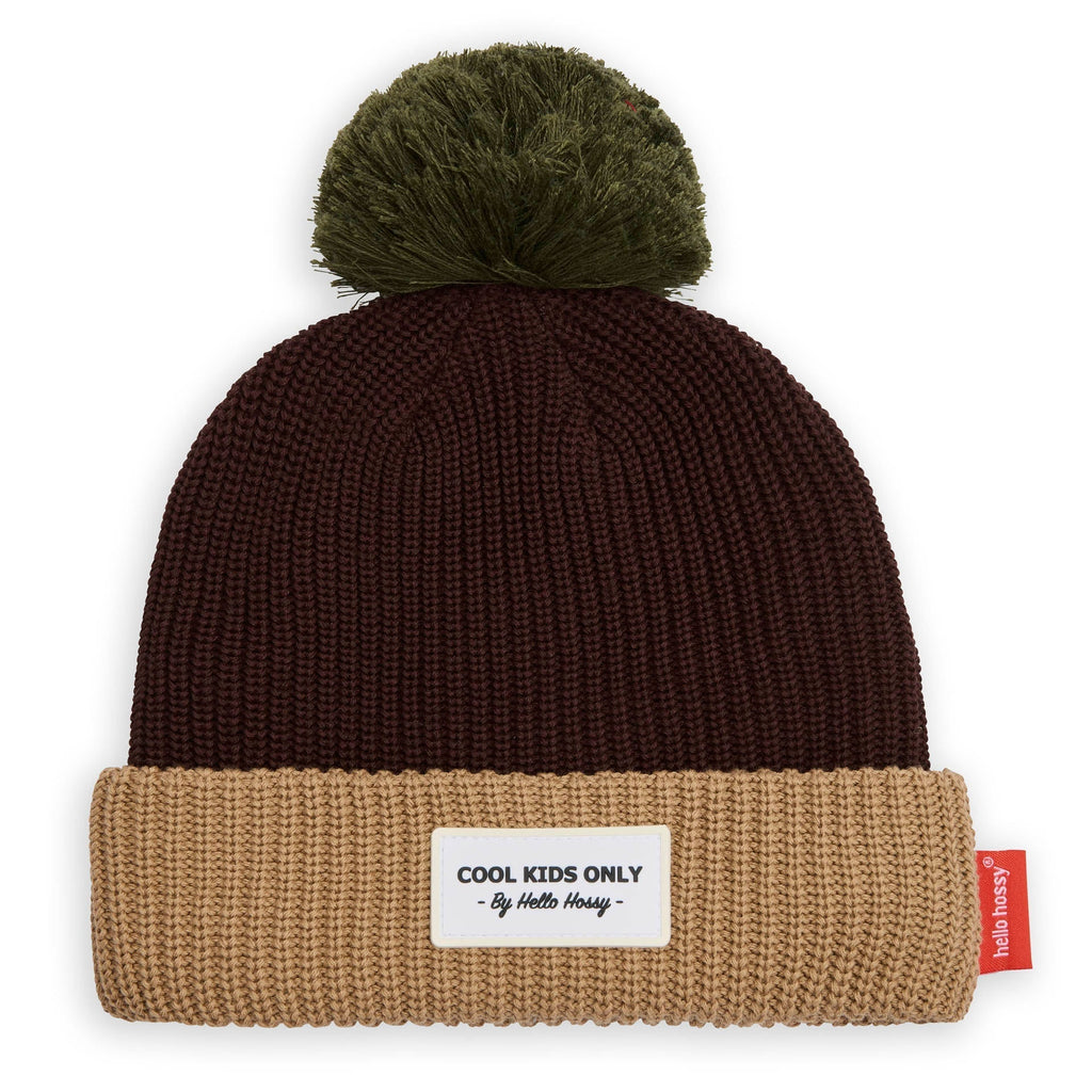 Hello Hossy muts papa Color Block Pistachio, bruine muts met beige boord en groene pompon