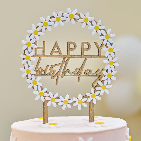 Ginger Ray Houten 'Happy Birthday' Cake Topper with Papieren Daisies