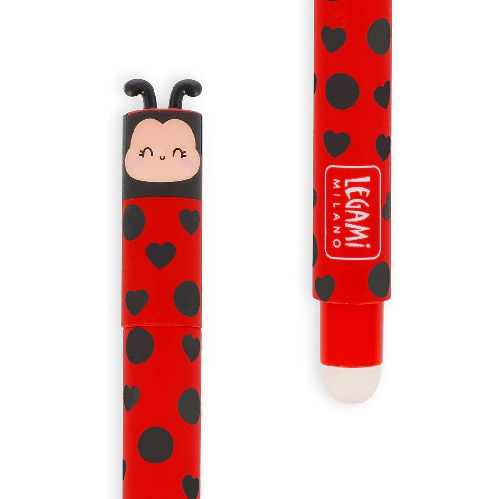 Lieveheersbeestje op de Legami Erasable gelpen, rode inkt wist zonder papierschade