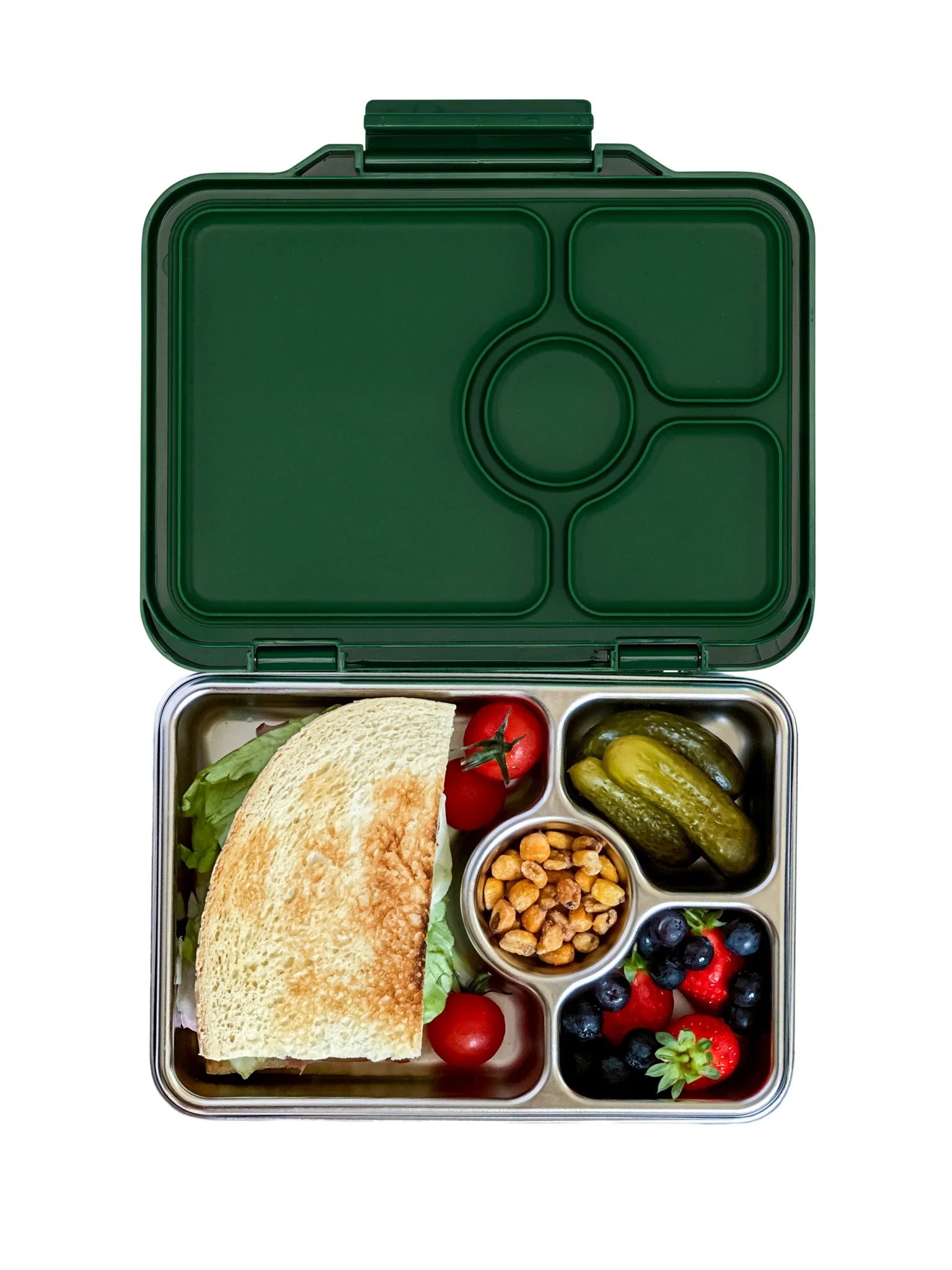 Yumbox Pret 4 Vakken Lekvrije Lunchbox Dublin Groen, roestvrijstaal bij De Gele Flamingo.