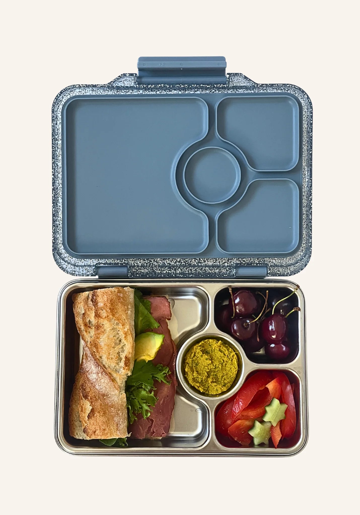 Yumbox Pret 4 Vakken Lekvrije Lunchbox Parijs Blauw Glitter, bij De Gele Flamingo.