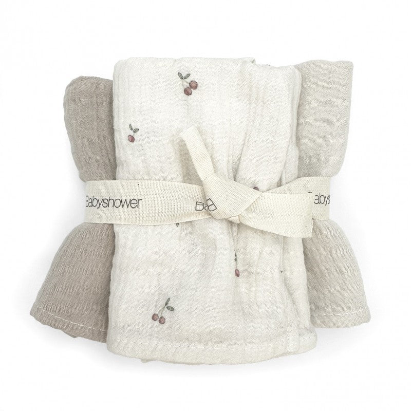 Babyshower hydrofiele doekjes Cherries, opgevouwen set met lint