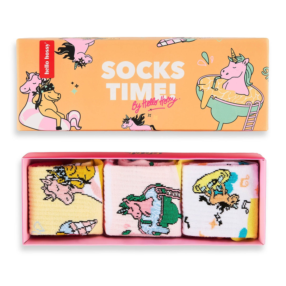 Hello Hossy kousen Unicorn, geschenkdoos met drie paar kousen