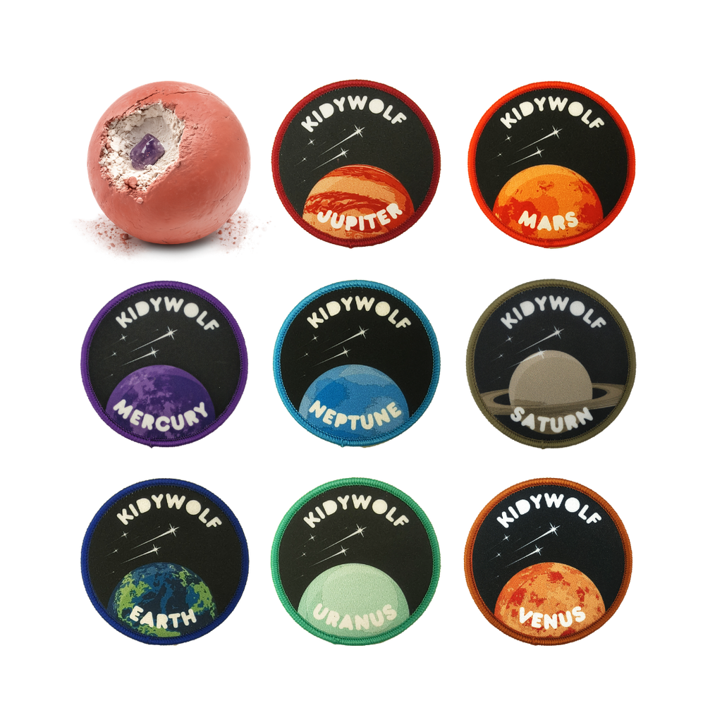 Kidywolf Kidyplanet Verrassingsdoosje Edelstenen Uitgraven, de verzamelbadges