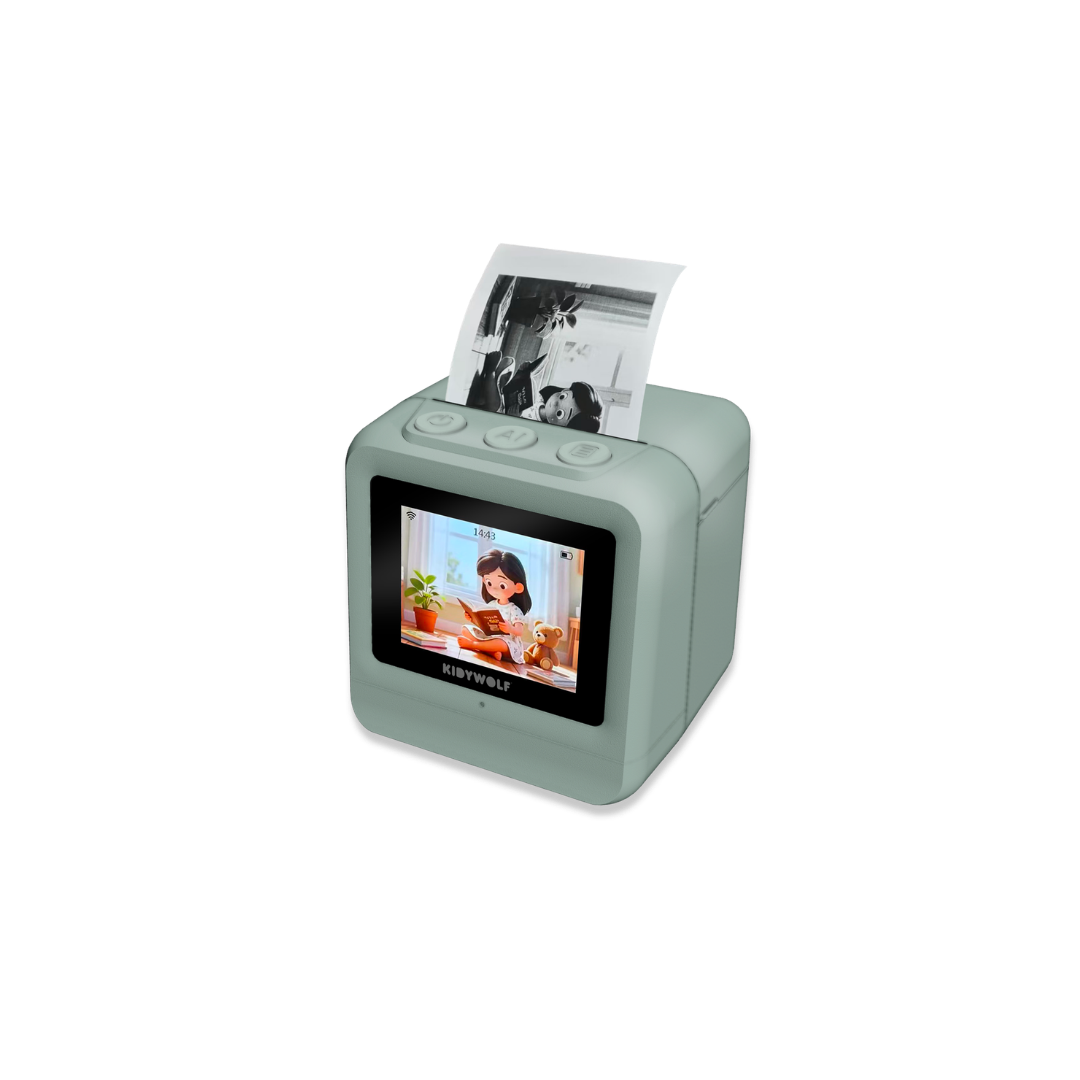 Kidywolf Kidyprinter AI printer zonder inkt, vooraanzicht met scherm en uitgeprinte tekening