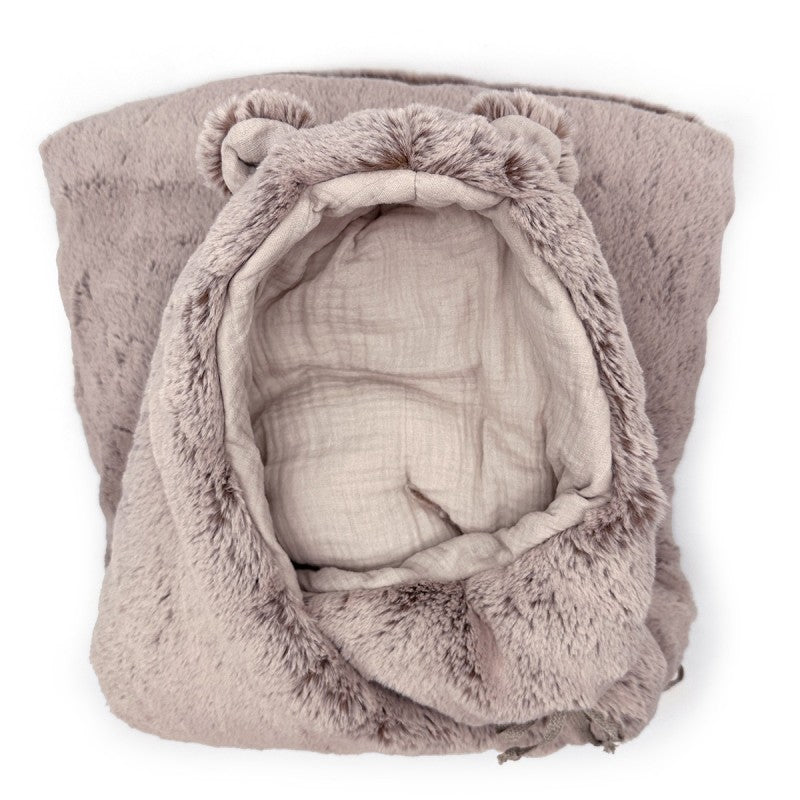 Babyshower Reiswiegzak Soft Teddy Dusty Rose, opengeslagen binnenkant