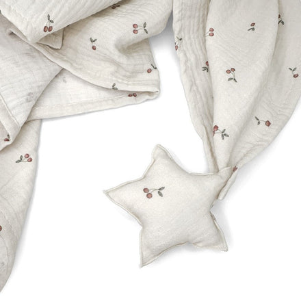 Babyshower Knuffeldoekje Star Cherries, achterzijde op witte achtergrond