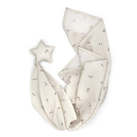 Babyshower Knuffeldoekje Star Cherries, vooraanzicht op witte achtergrond