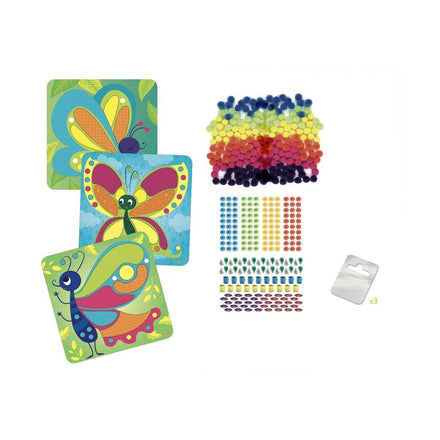 Inhoud van Stick & Fun Pompons Vlinders met kaarten en pompons