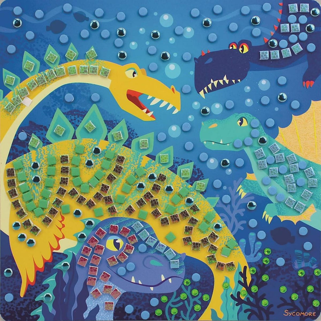 Afgewerkt mozaïekkader met een blauwe dinosaurus