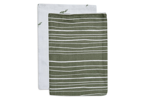 Jollein Set 2 Hydrofiele Washandjes | Stripe & Olive Leaf Green