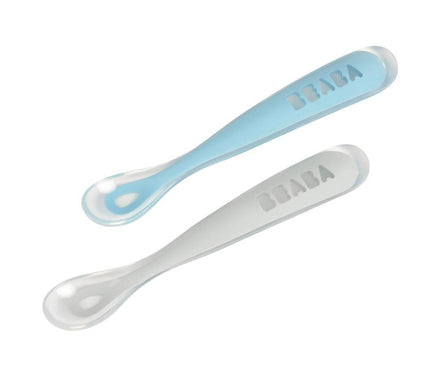 Béaba Set 2 Siliconen Lepels in handig doosje | Grijs/ Blauw
