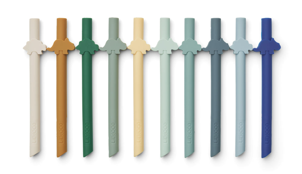* Liewood Badu Siliconen Rietjes 10-Pack | Dino / Surf Blue Multi Mix