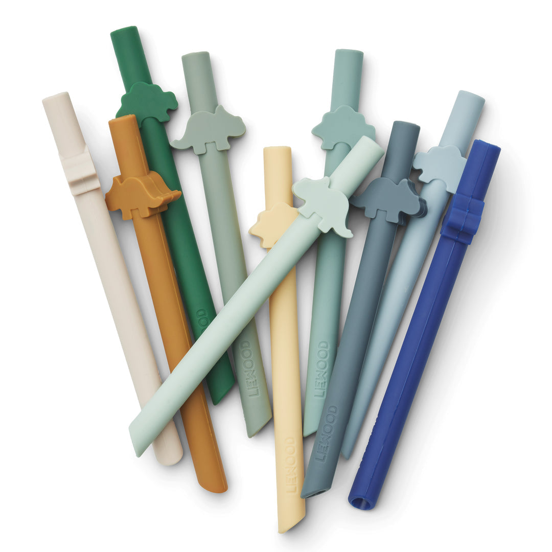 * Liewood Badu Siliconen Rietjes 10-Pack | Dino / Surf Blue Multi Mix