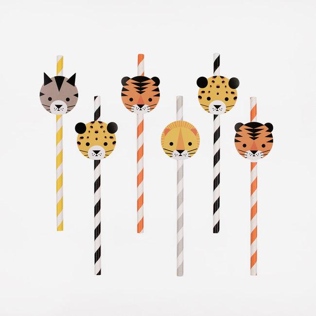 Set 12 papieren rietjes met topper Wild animals