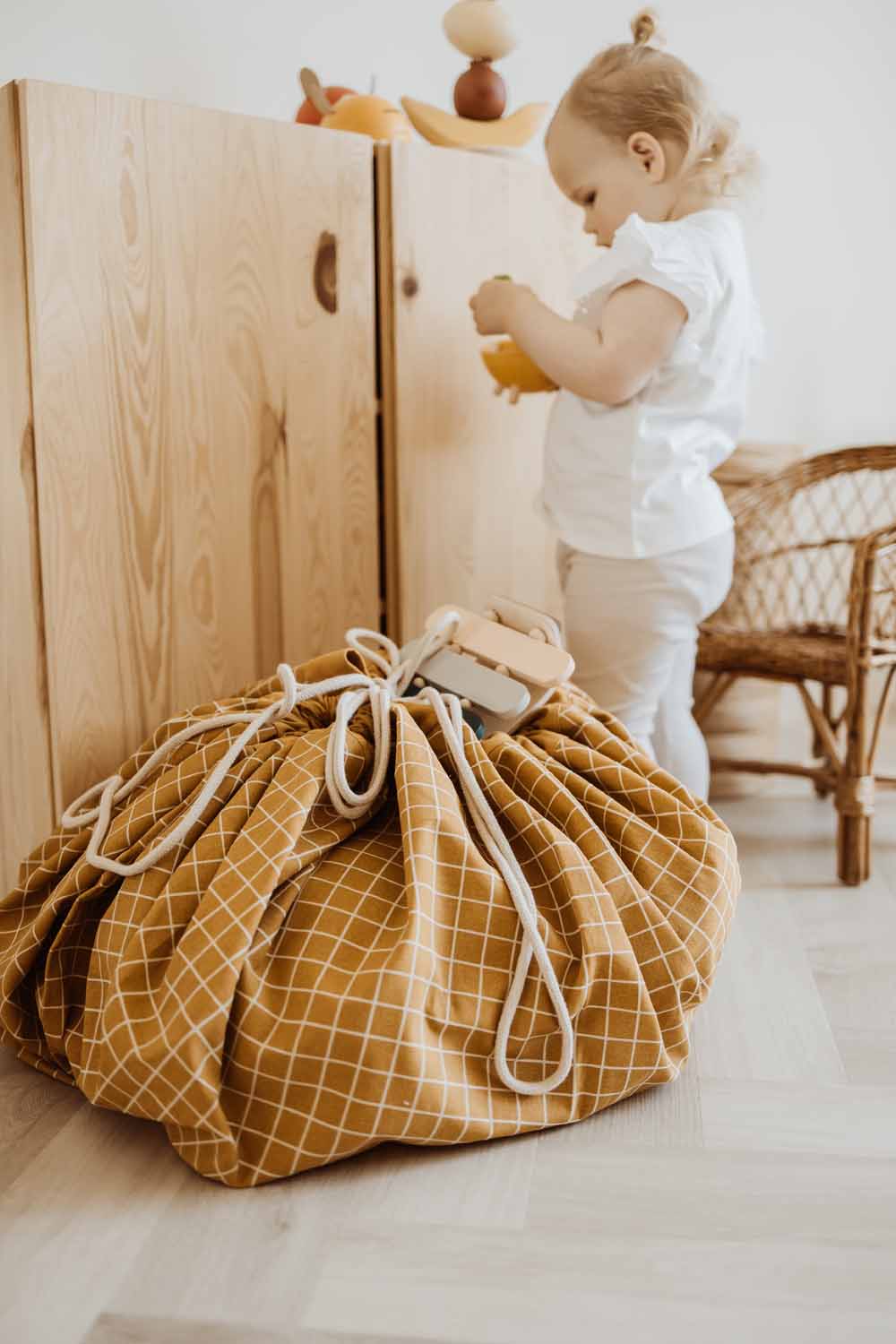 Play and go Opbergzak Organic | speelmat Grid Mustard