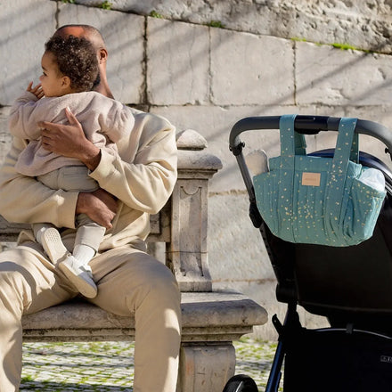 * Nobodinoz Buggy Organizer Stroller Bag | Gold Confetti / Magic Green