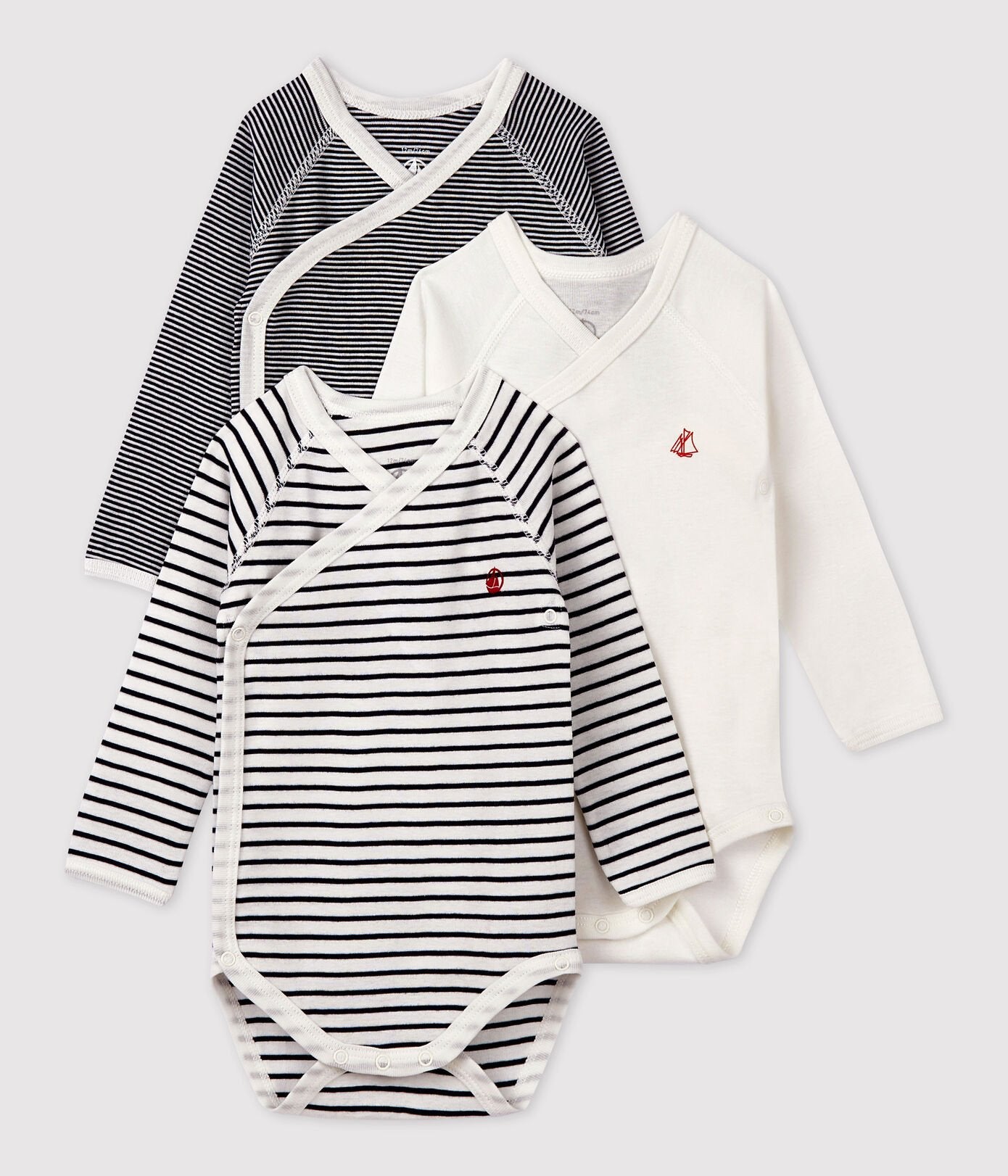 * Petit Bateau Set 3 Babyrompertjes Lange Mouw | Streepjesprint
